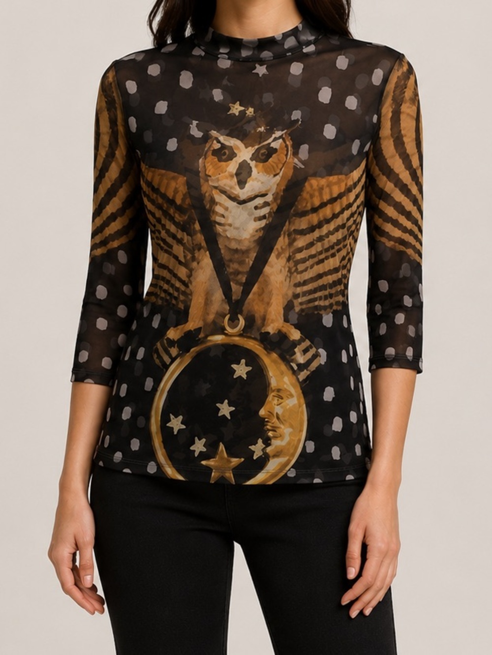 Le Galeriste| Sheer Graphic Mock Neck Top Celestial Artsy 3/4 Sleeve Wmns Sz M
